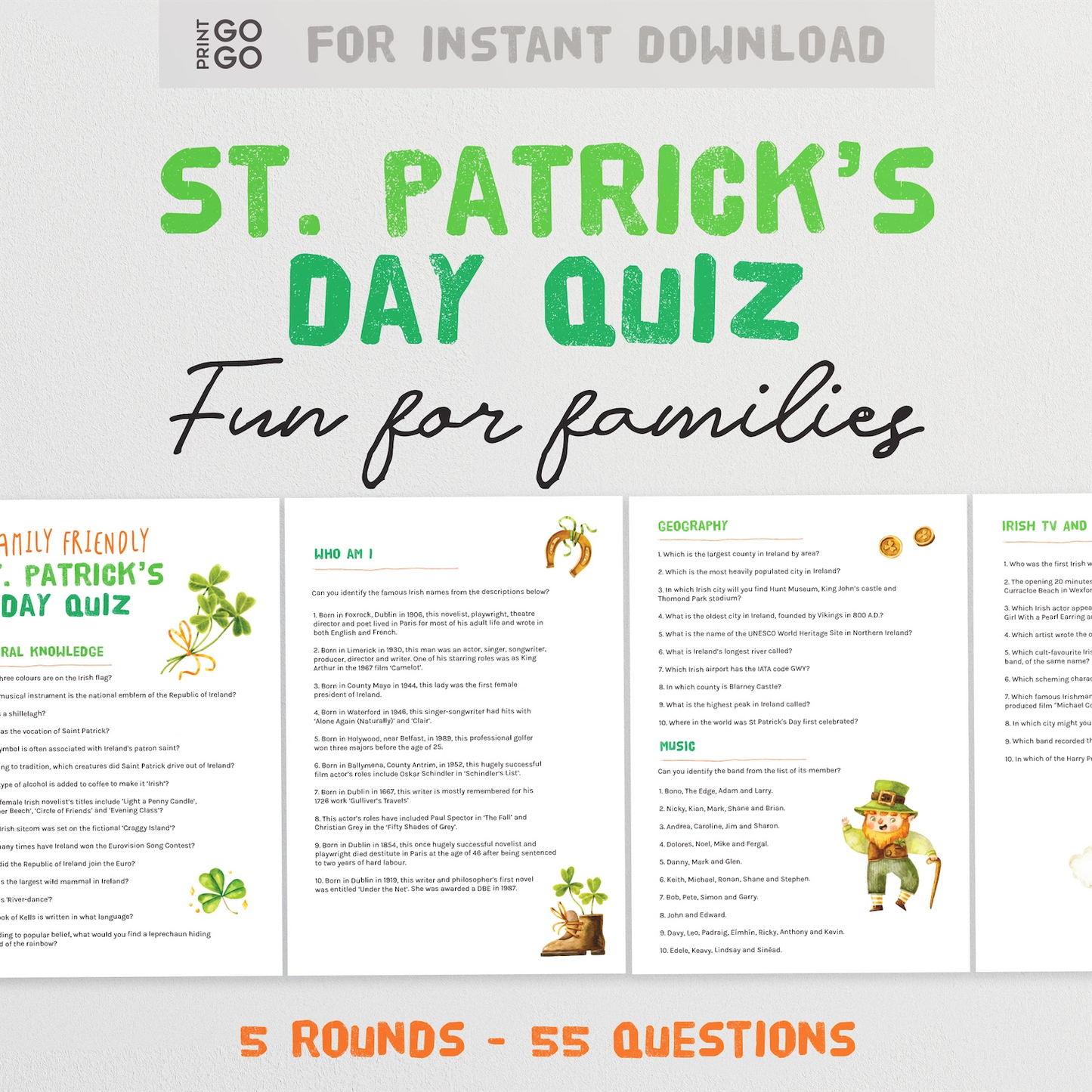Instant download St Patricks Day quiz all about Ireland. 5 rounds covering 55 questions.
