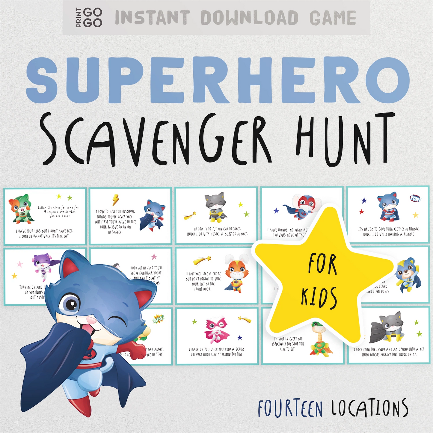 Superhero scavenger hunt game for kids with cartoon superhero character and grid of clues.