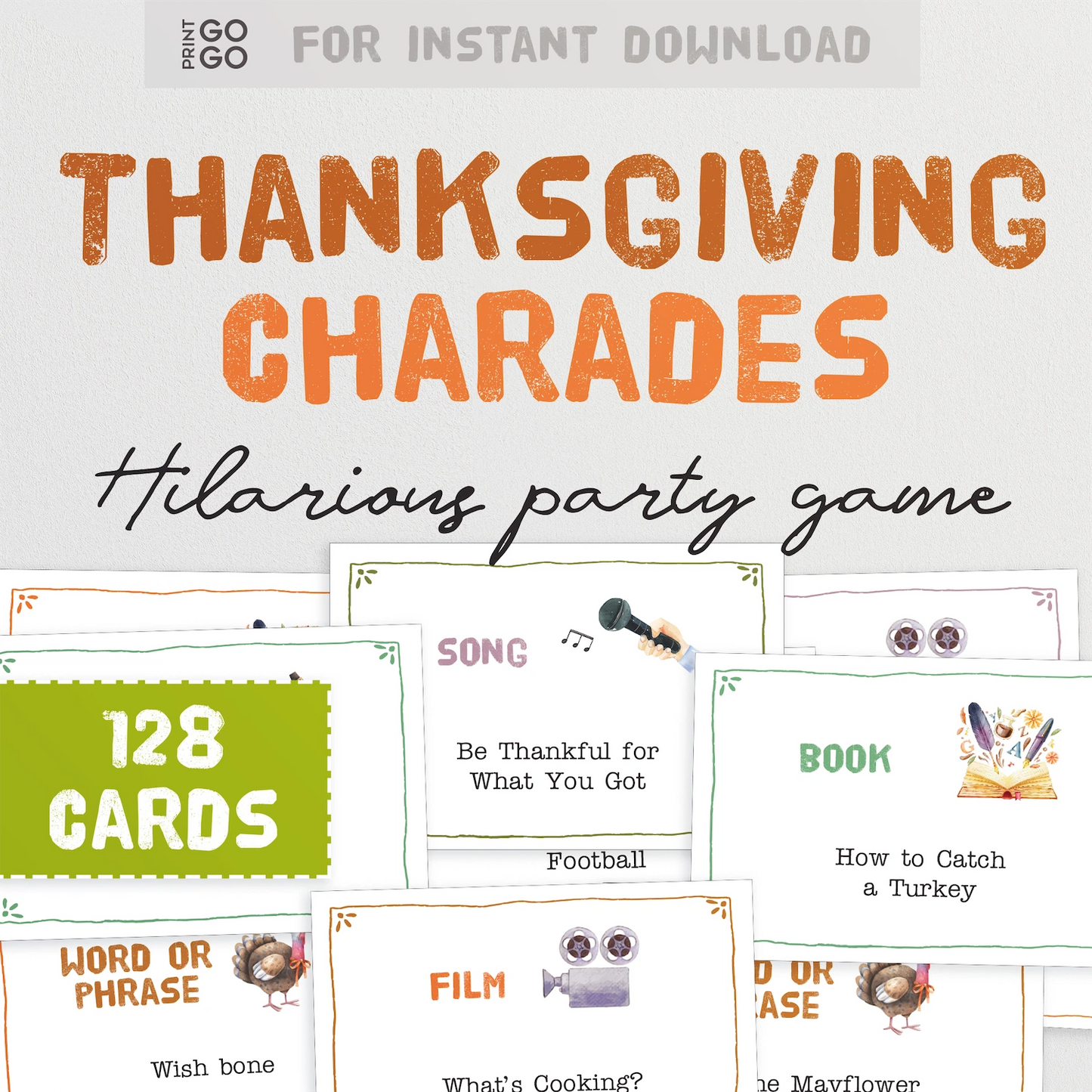 Thanksgiving charades party game with cards and text on a white background
