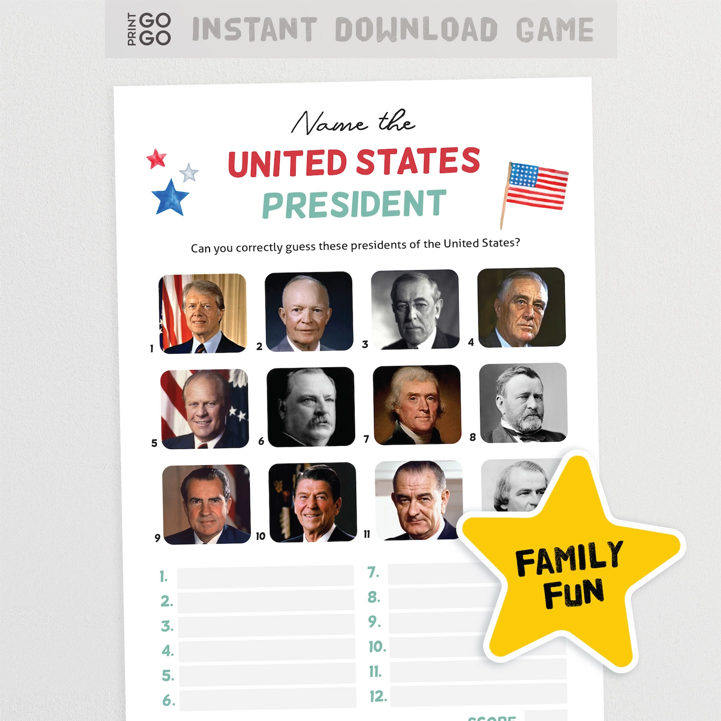 Instant download game called 'Name the United States President' with images of presidents and a yellow star labeled 'Family Fun'.