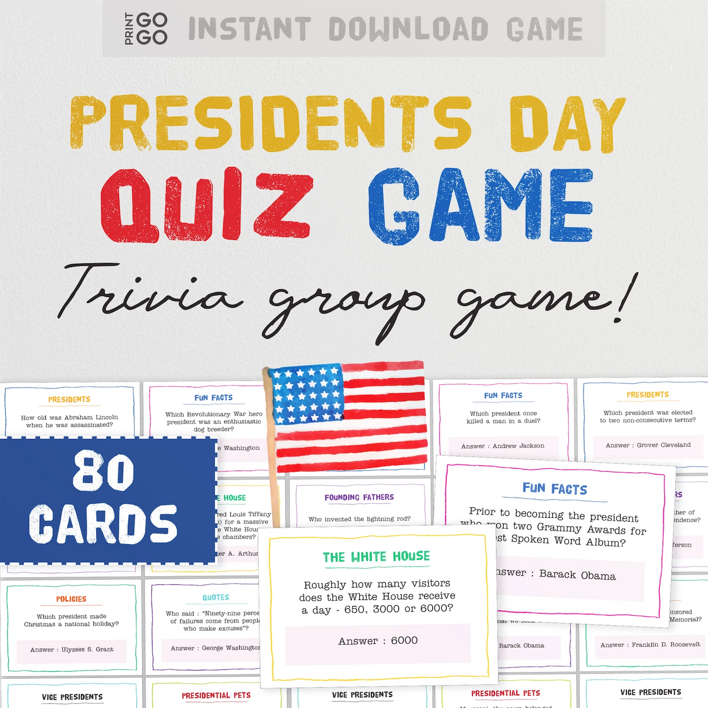 Cover of a Presidents Day Quiz Game with trivia cards and an American flag.