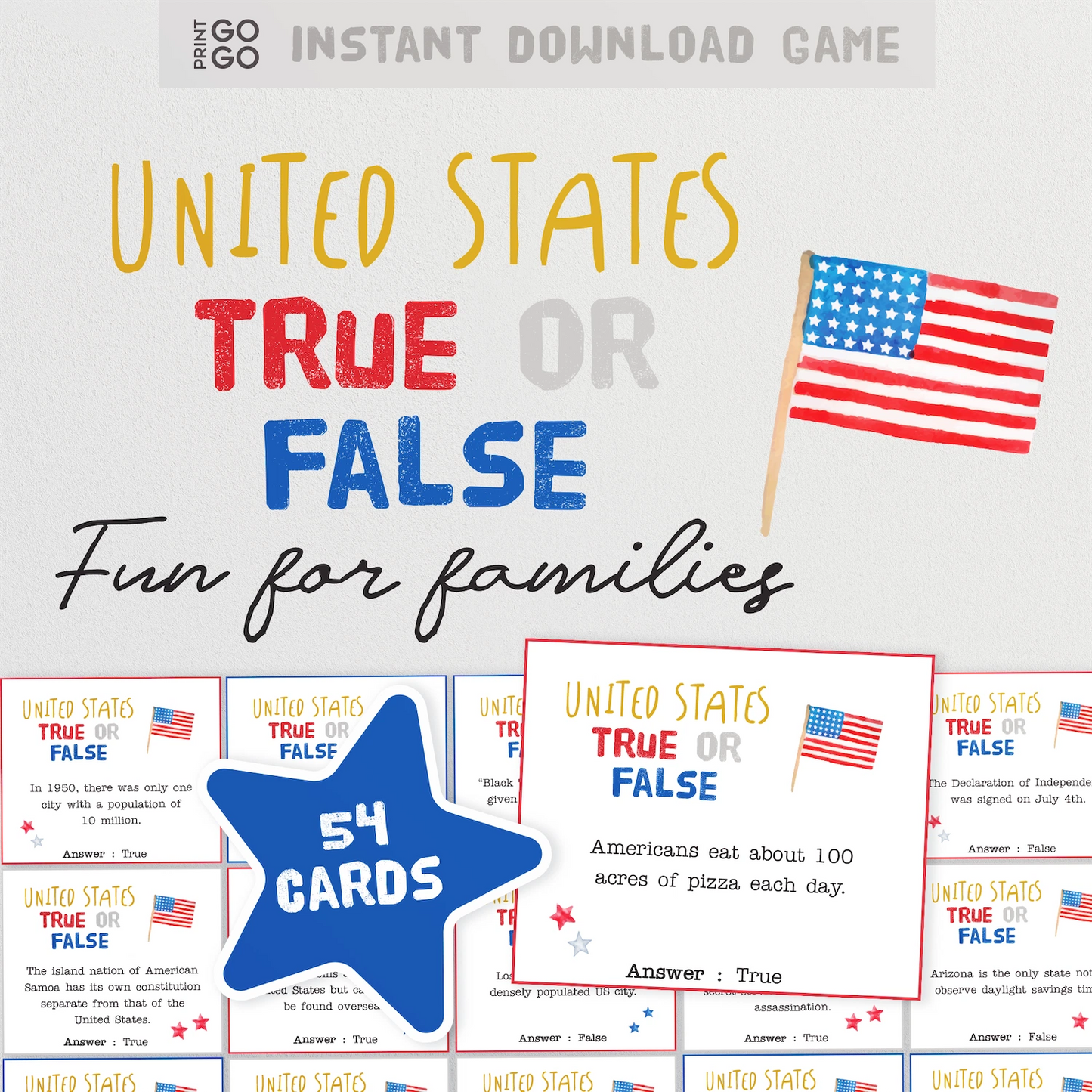 United States True or False game with American flag and educational cards on a white background