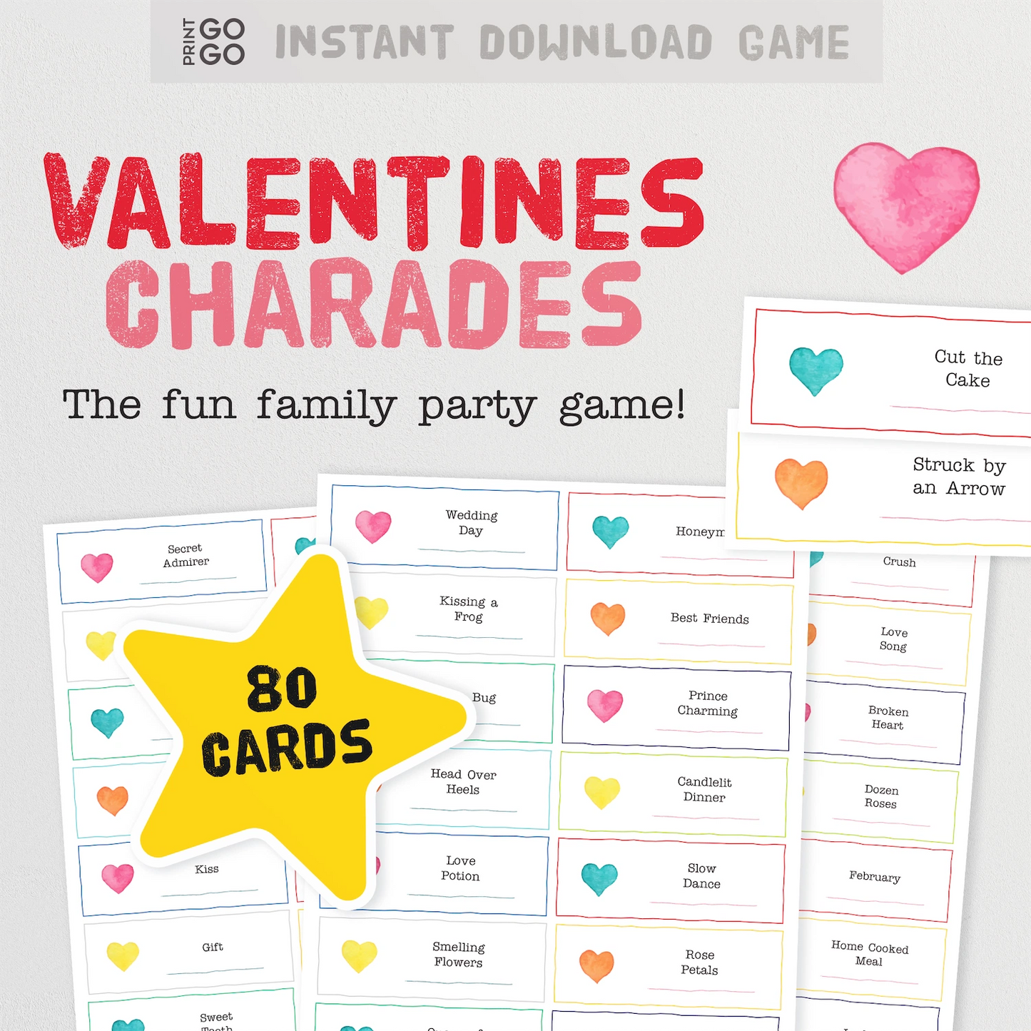 Instant download Valentine's Charades game with cards and text on a light gray background