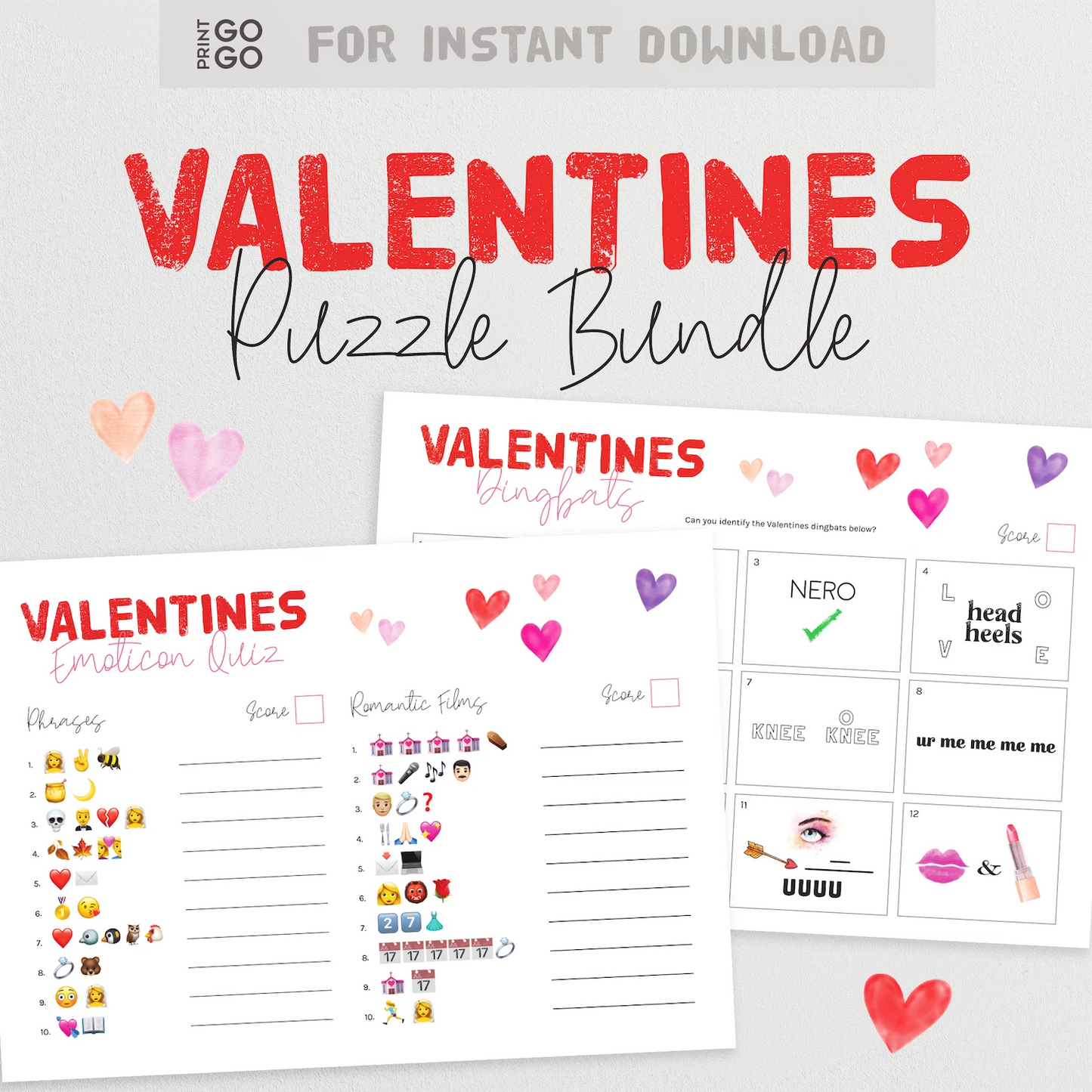 Valentine's Day puzzle bundle with various activities and emojis on a white background.