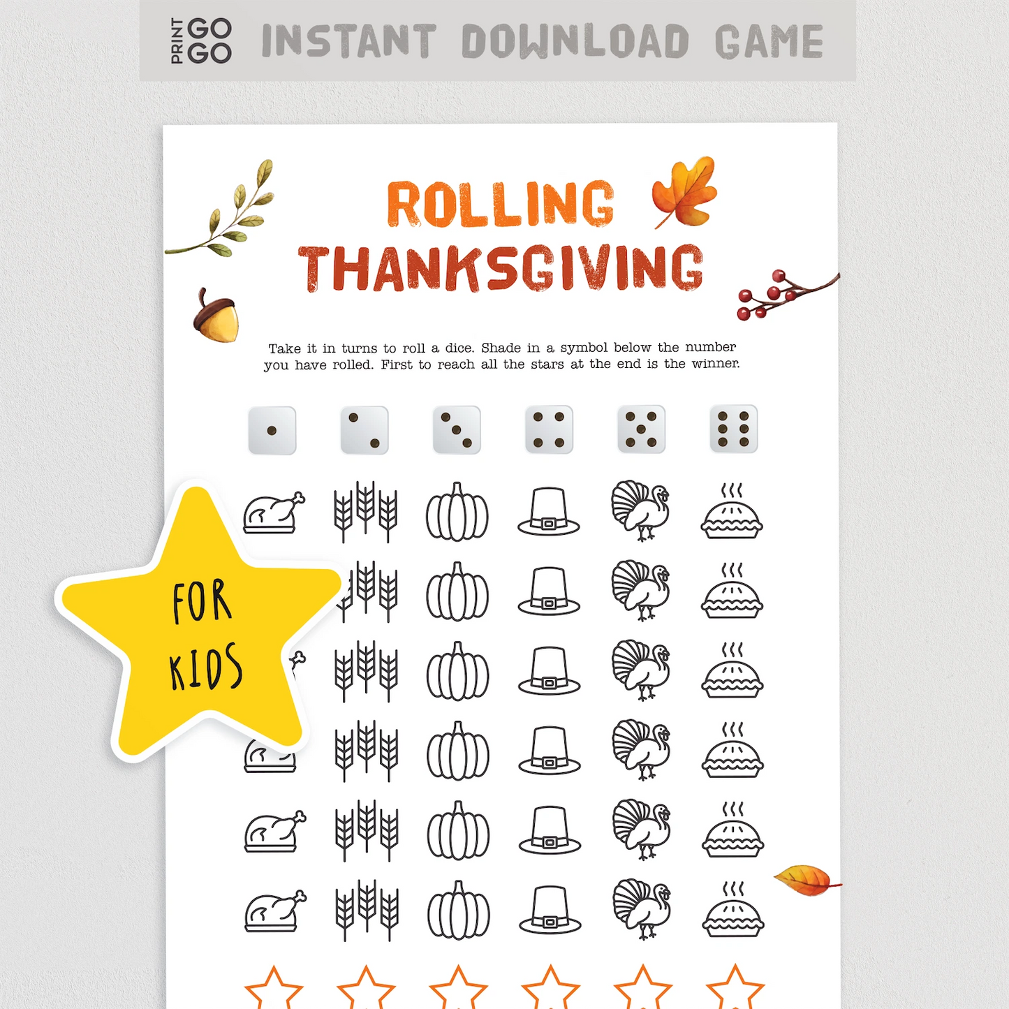 Thanksgiving-themed game sheet for kids with dice and symbols on a white background.