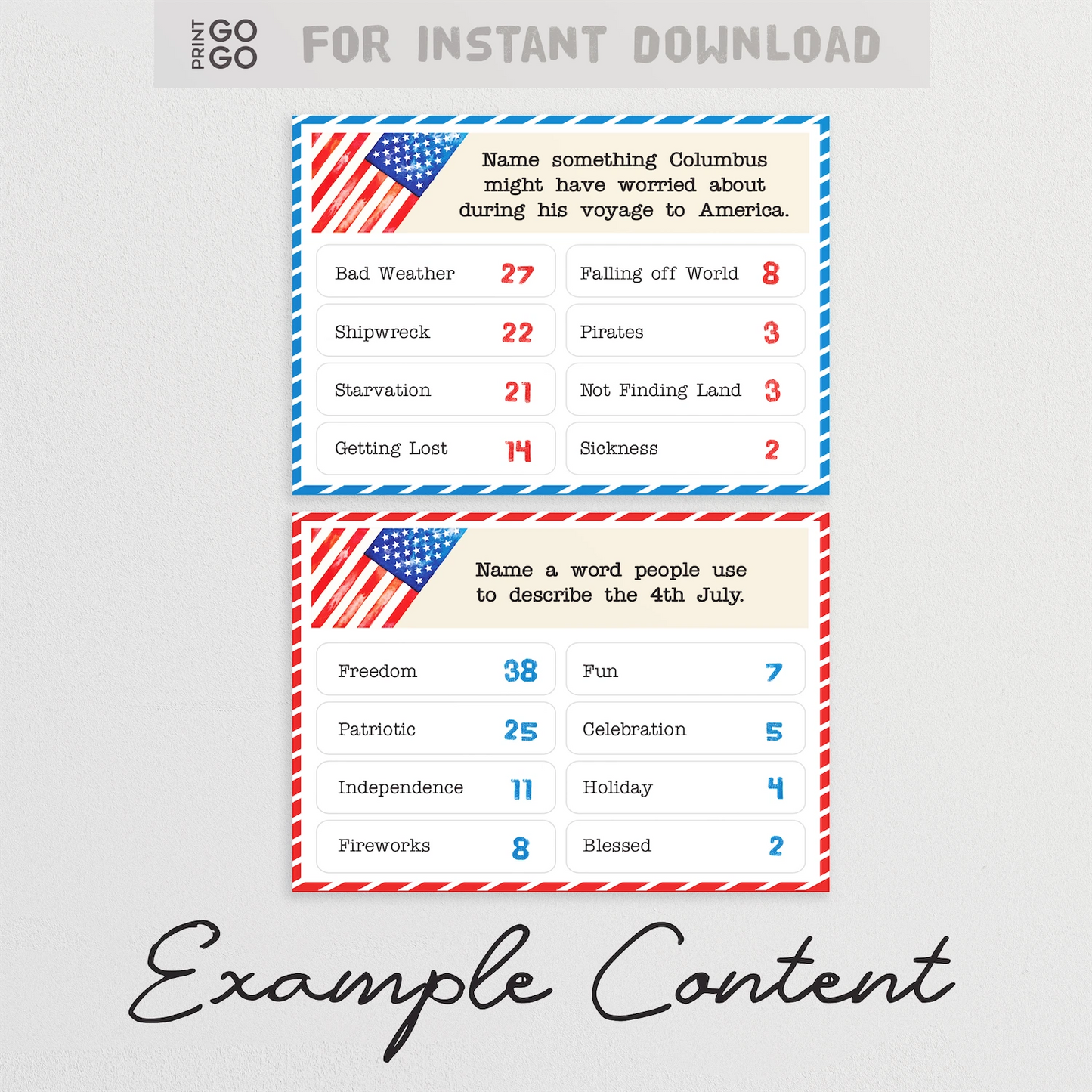 Sample cards from printable party called USA Face-Off