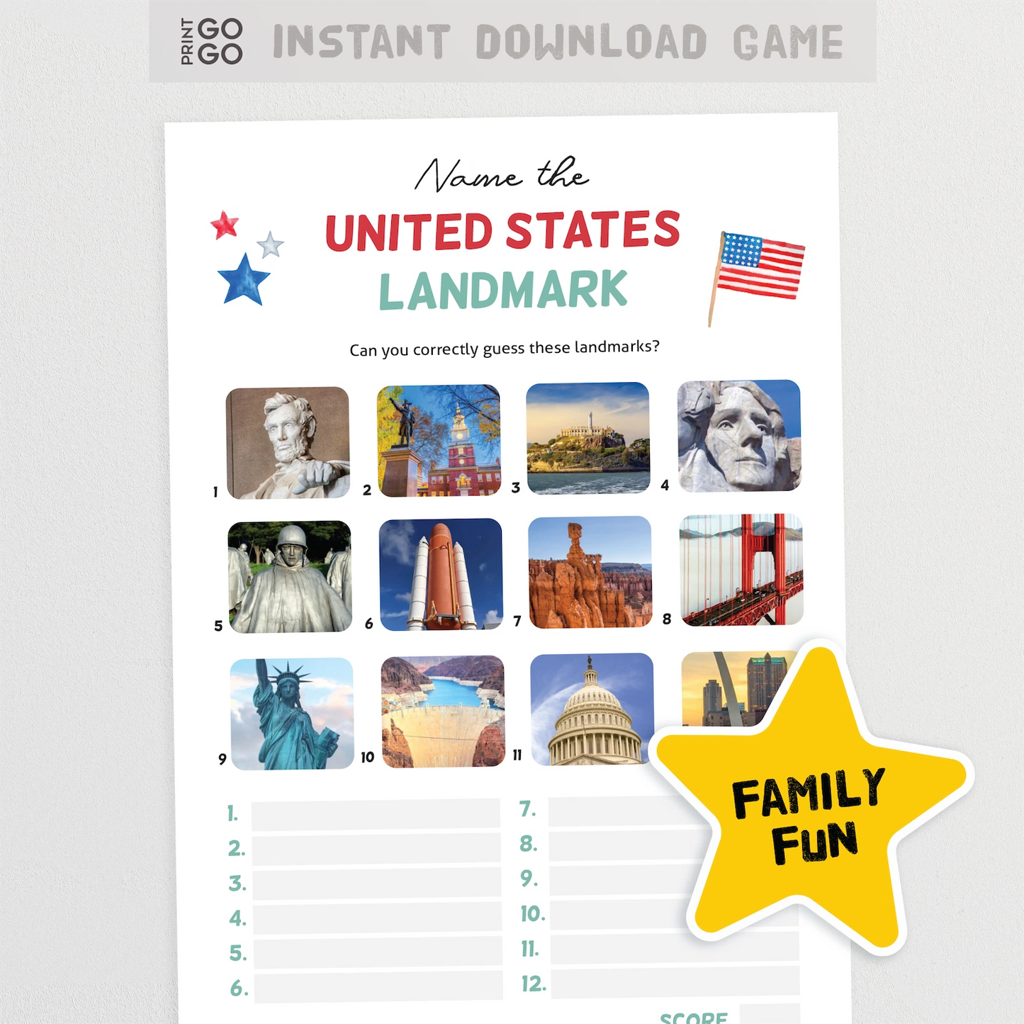 Guess the United States landmark game with images and a yellow star labeled 'Family Fun'.