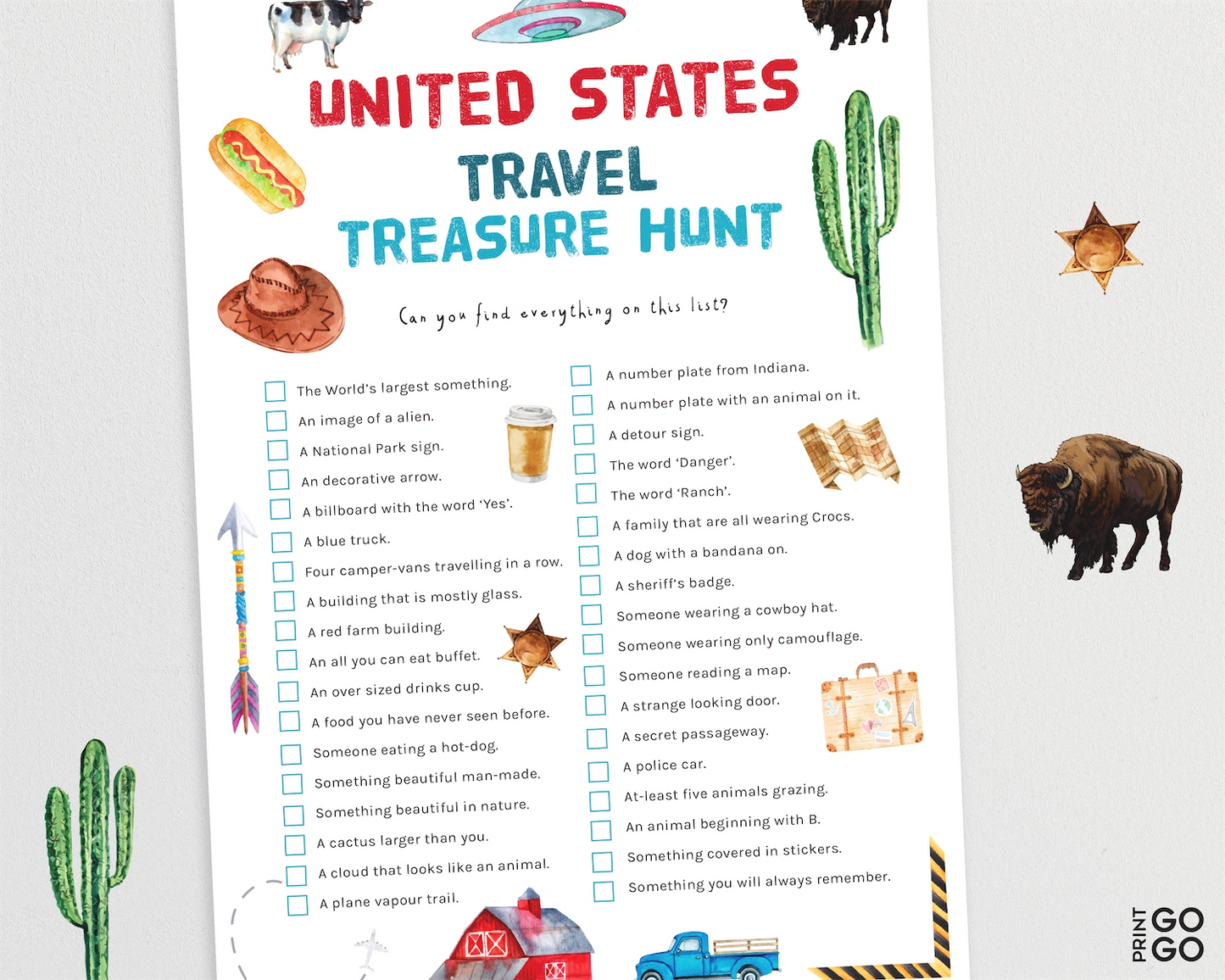 USA travel treasure hunt sheet with illustrations and text on a white background