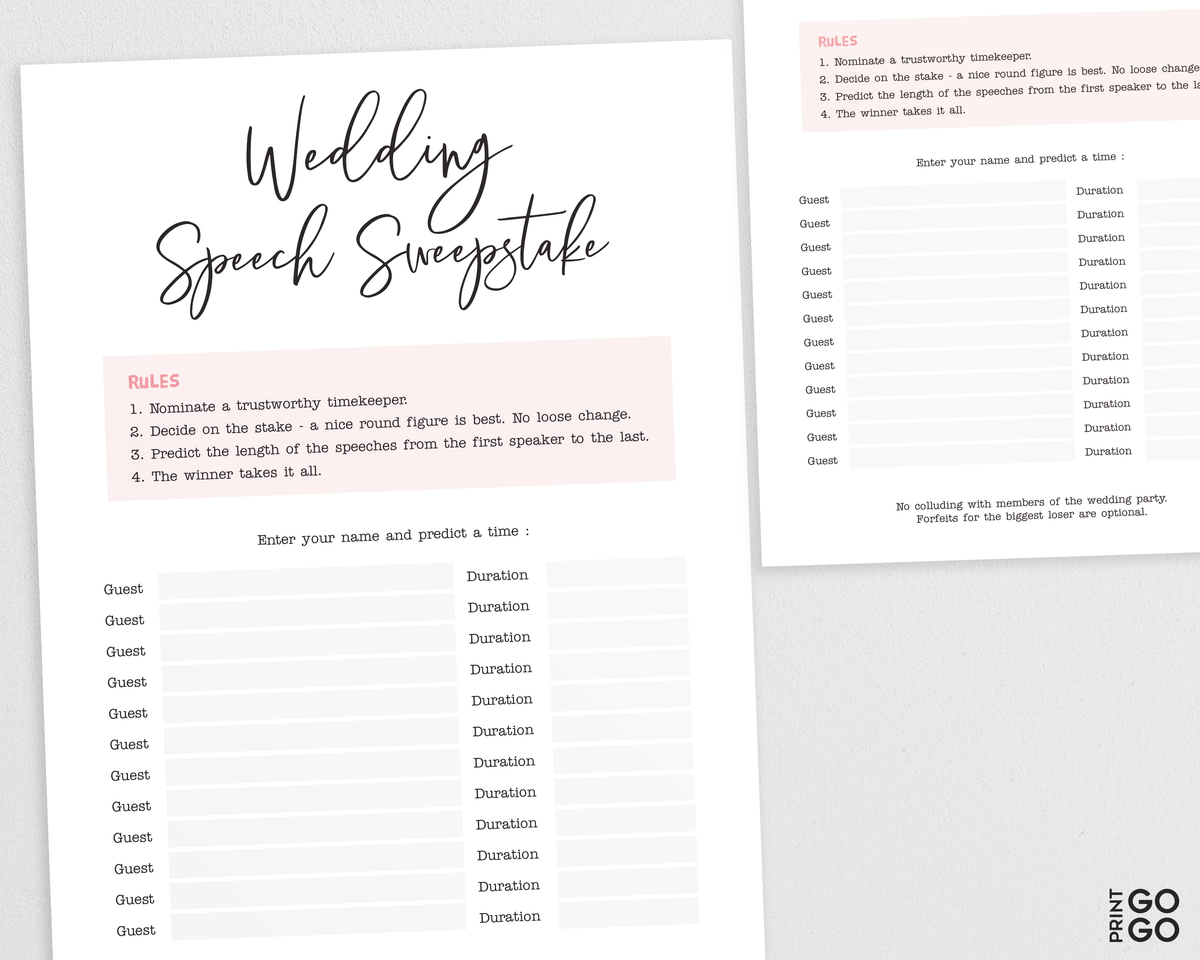Wedding Speech Sweepstake Game Table Ice Breaker Game for Guests