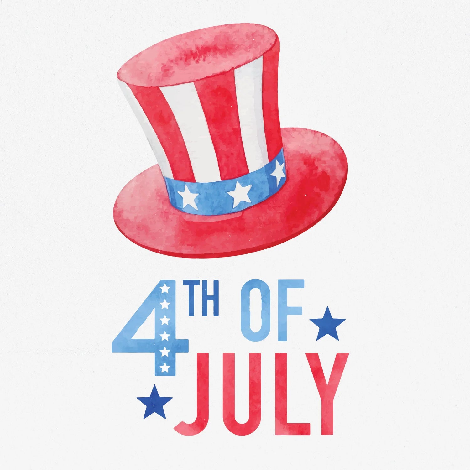 An American top hat in red with stars and stripes sits in the centre. Beneath it, the title '4th of July'.