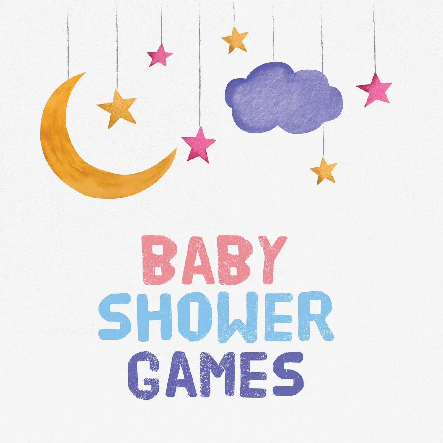 A watercolour image of a child's hanging mobile sits above the title 'Baby Shower Games'.