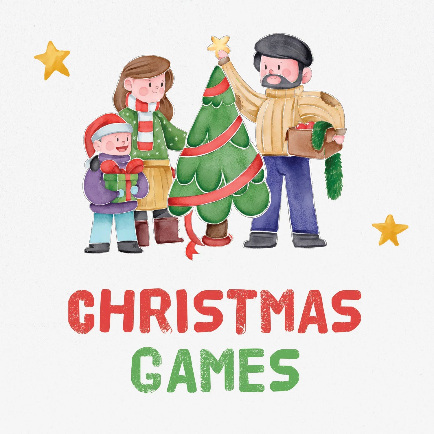 A watercolour illustration of a family decorating a Christmas tree sits above the text 'Christmas Games'.