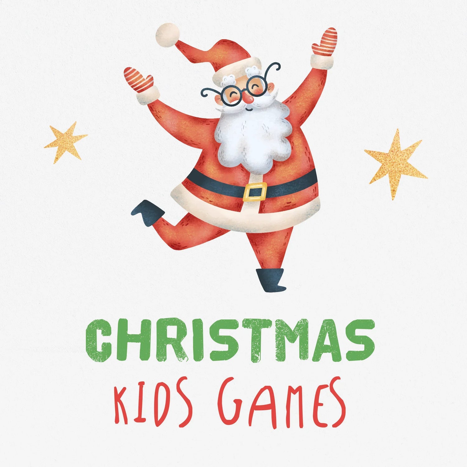 An illustration of a happy Santa throws his hands and leg up in joy. Below text reads 'Christmas Kids Games'.