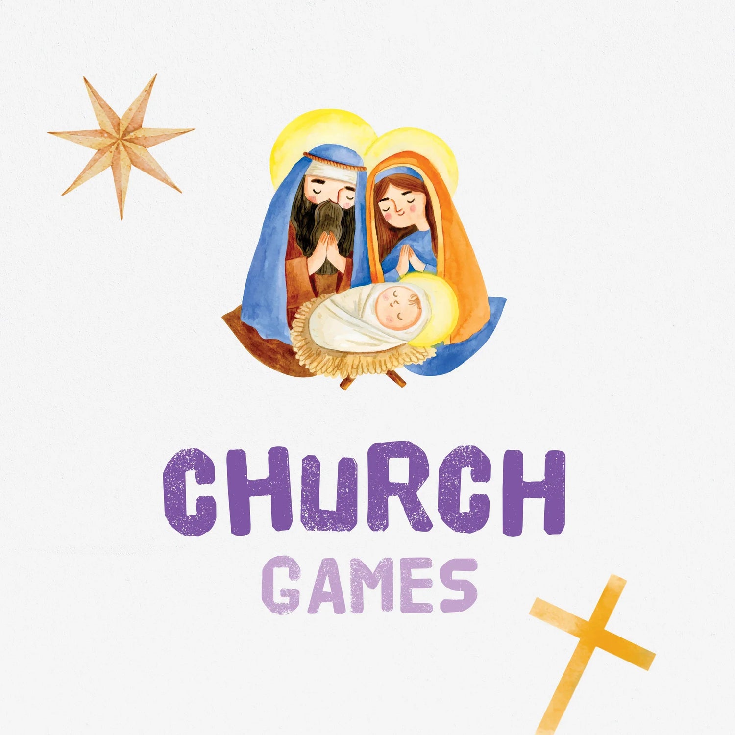 A watercolour image of the Nativity scene (featuring Joseph, Mary and Jesus) sits above the text 'Church Games'.