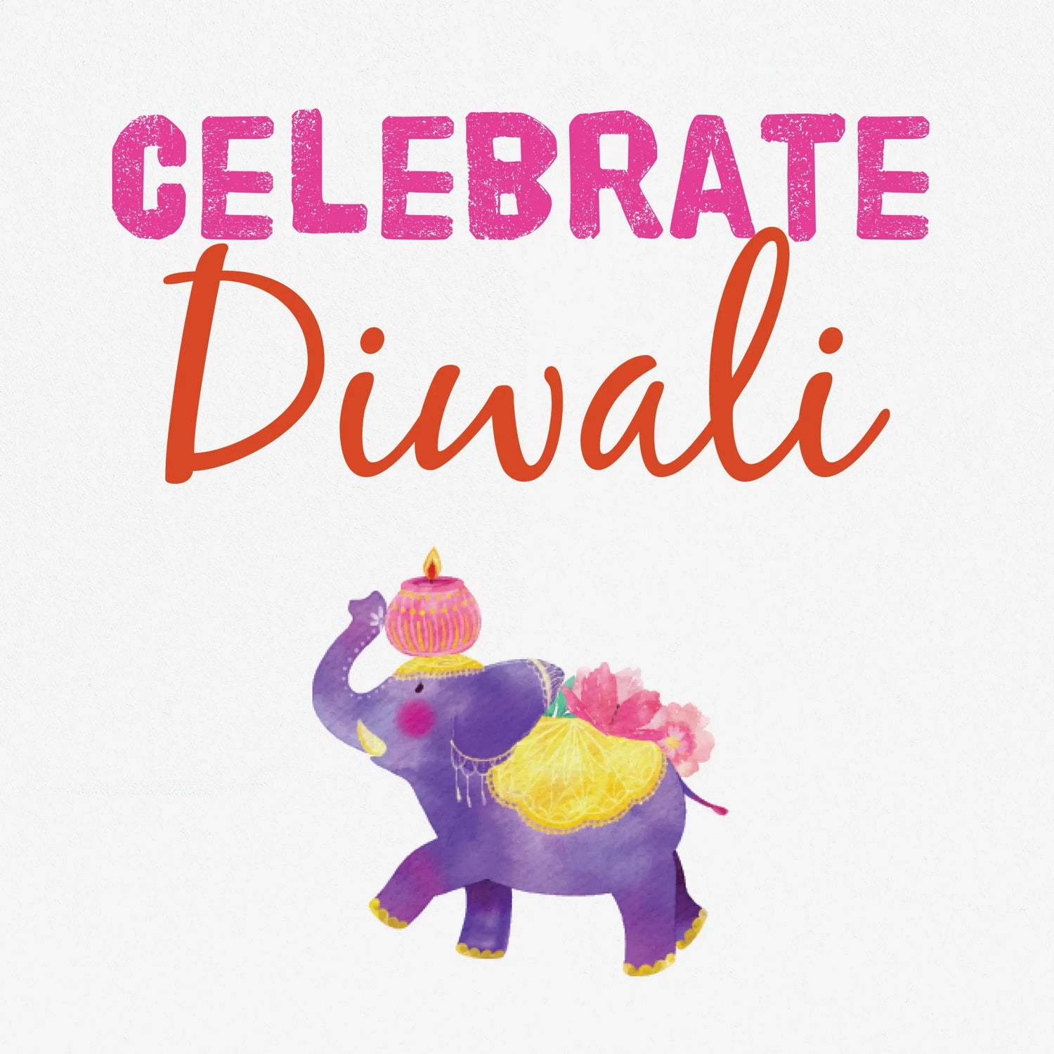 A watercolour purple elephant playfully walks across the image. Above it the title reads 'Celebrate Diwali'. 
