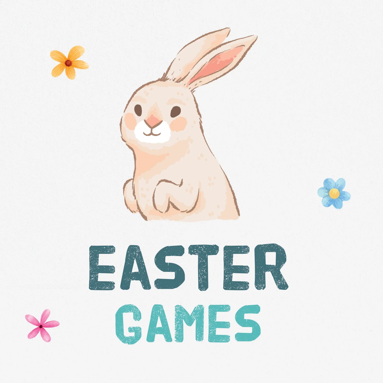 A watercolor illustration of a bunny with his ears up sits about green text that reads 'Easter Games'.