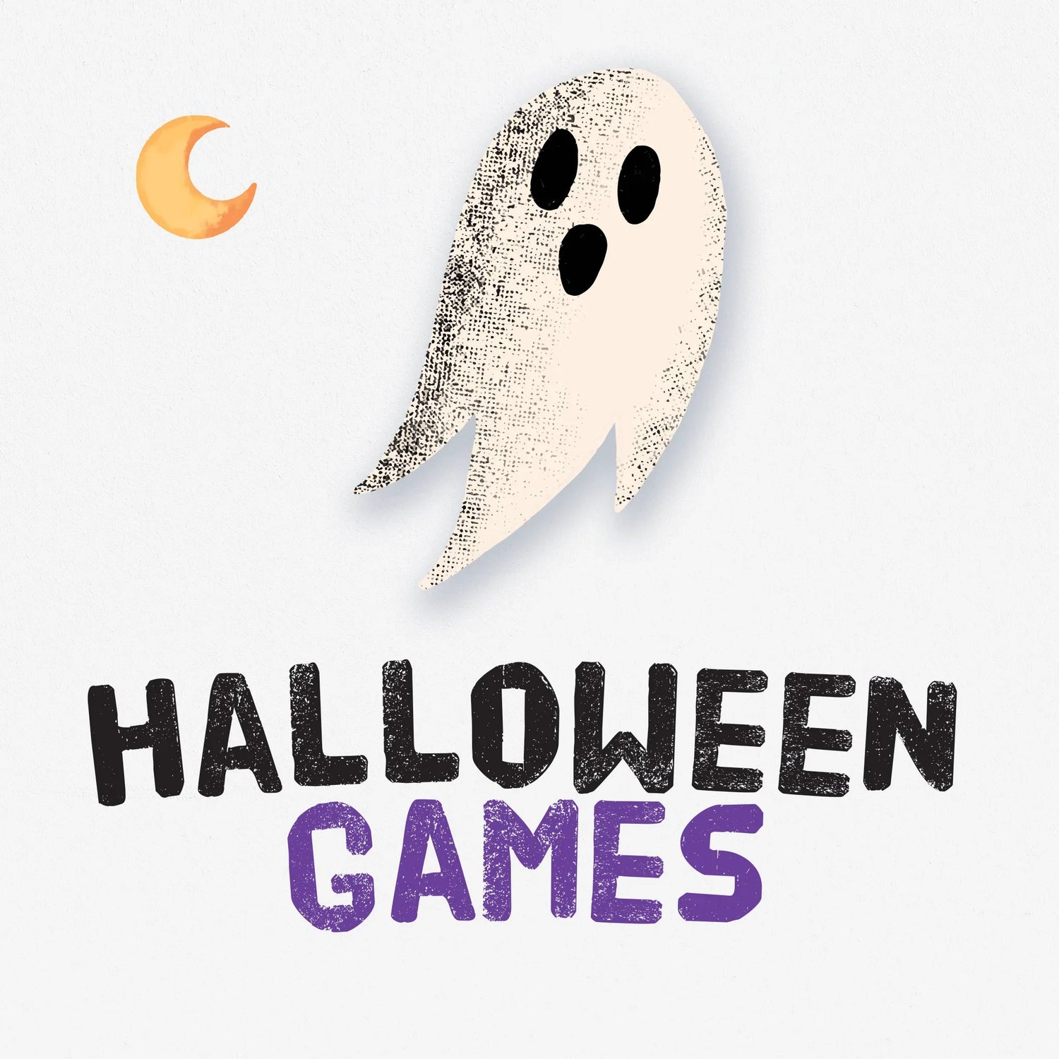An illustrated ghost image floats in the centre. Below it, in black and purple, playful text that reads 'Halloween Games'.
