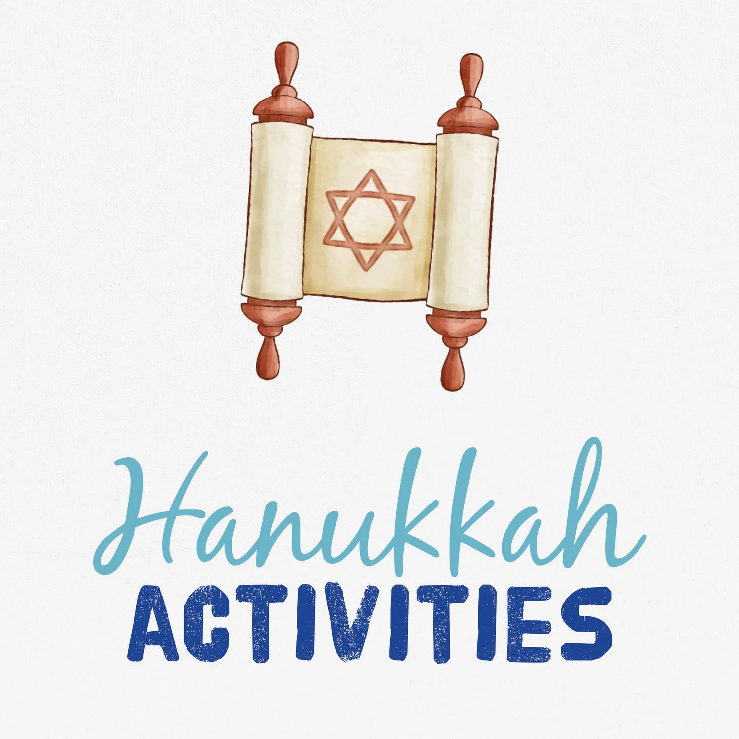 The title 'Hanukkah Activities' is written in blue and sits below a watercolour image of the Torah.