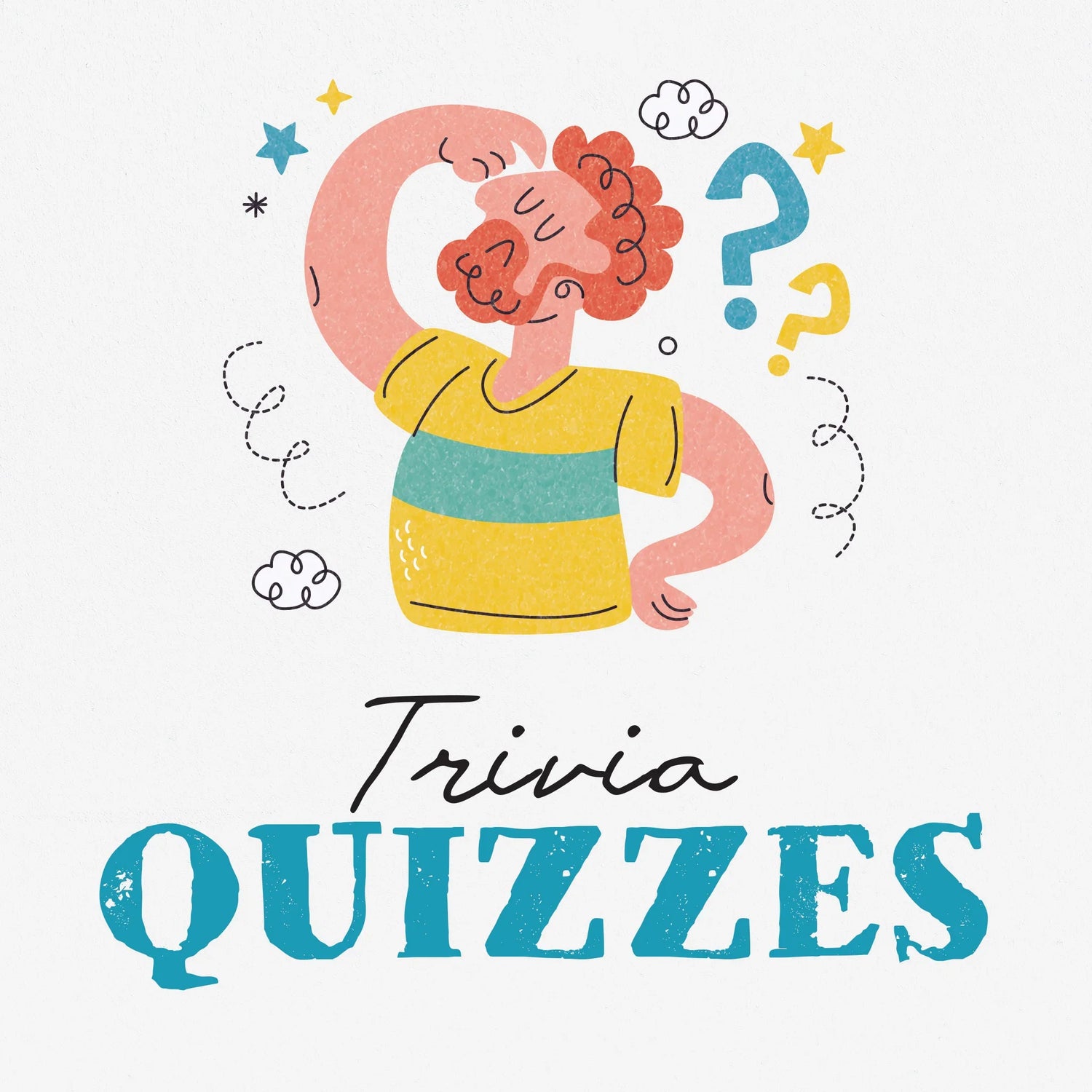 A watercolour illustration of a man with his hand to his head thinking. Below is the text 'Trivia Quizzes'.