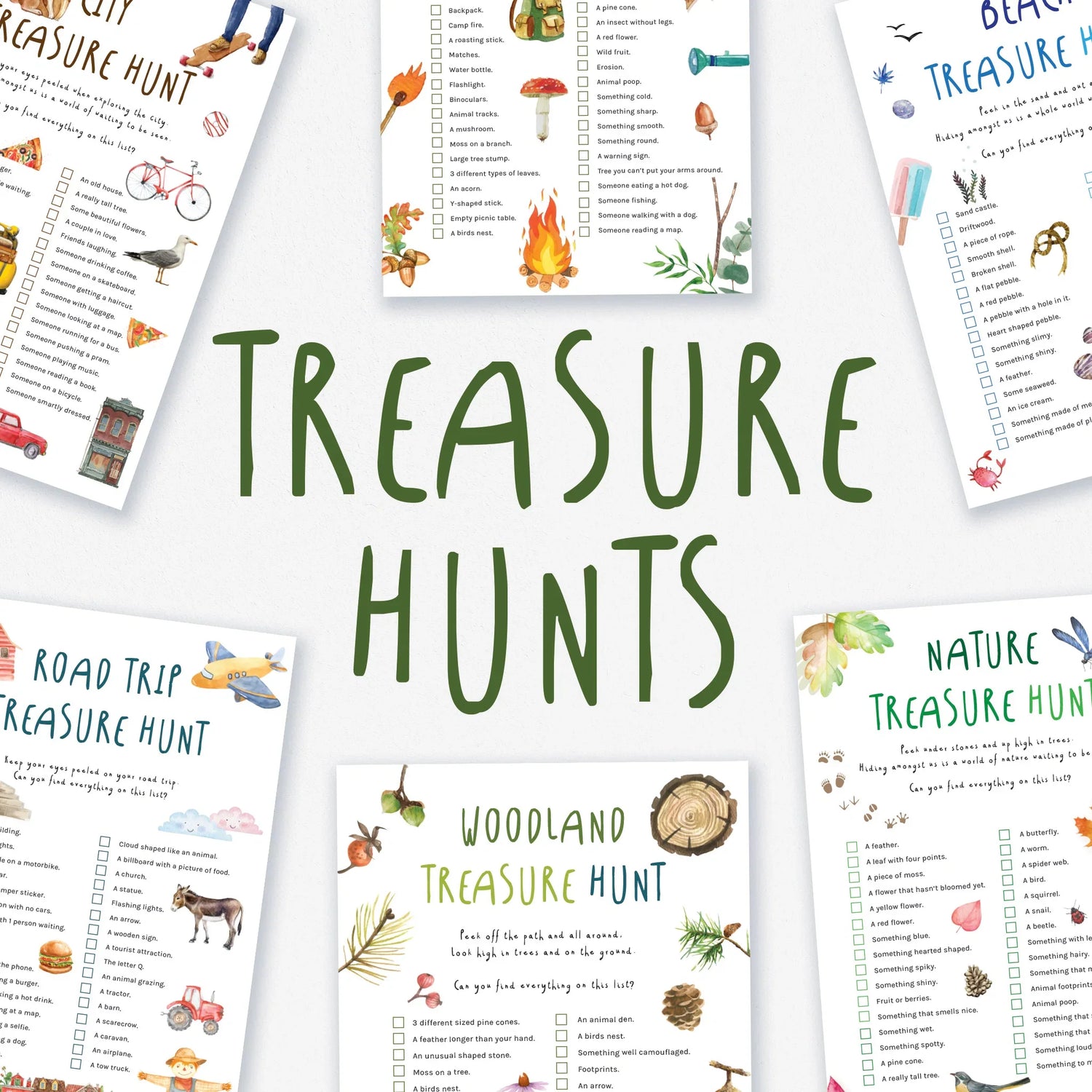 Examples of fun and whimsical outdoor treasure hunts for kids are shown. A title in the centre reads 'Treasure Hunts'.