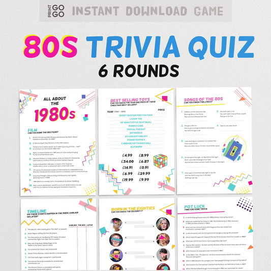 80s Trivia Quiz with multiple rounds on a white background