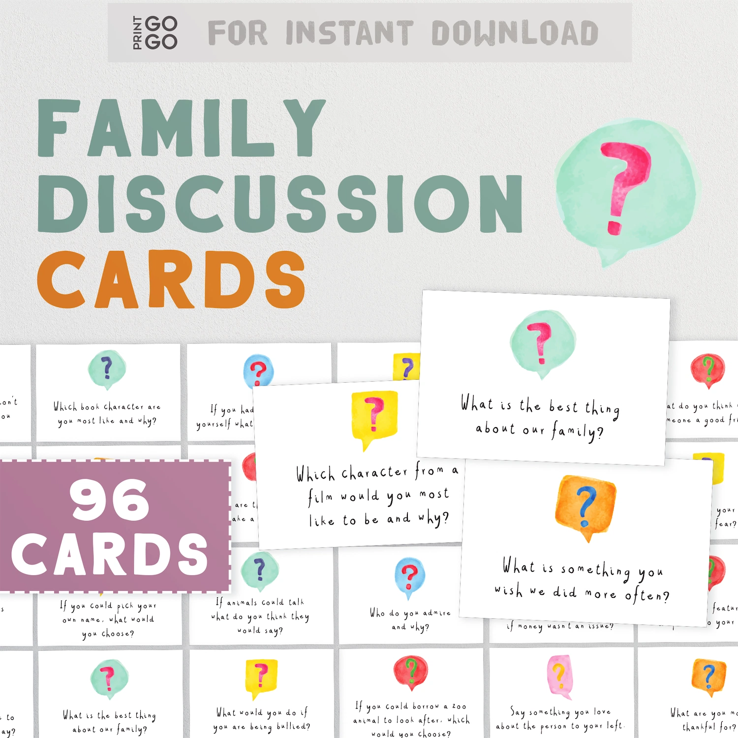 Family discussion cards with question marks and colorful designs on a white background.