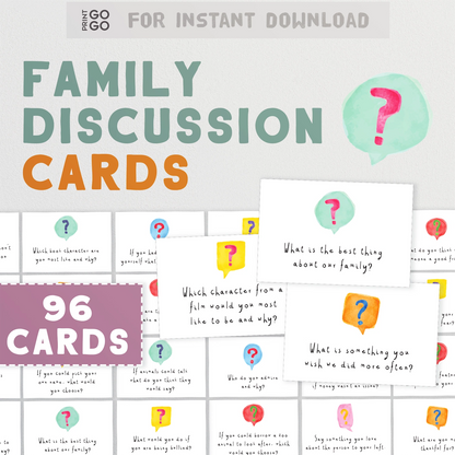 Family discussion cards with question marks and colorful designs on a white background.