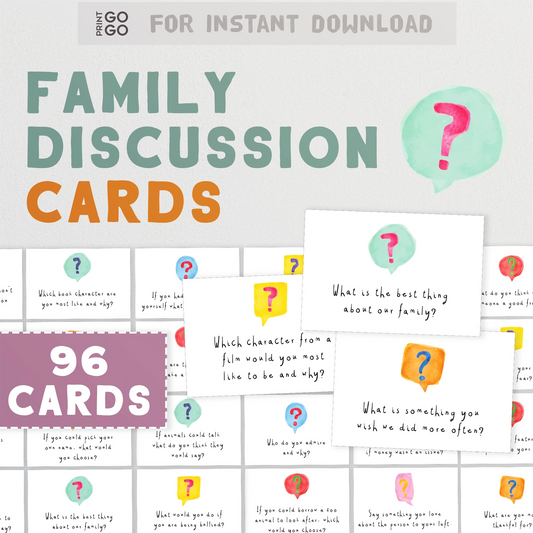 Family discussion cards with question marks and colorful designs on a white background.