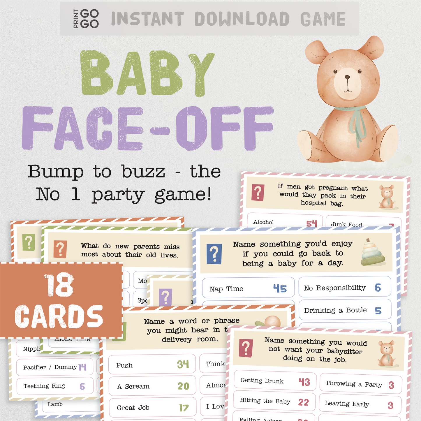 Baby-themed party game with teddy bear and question cards on a light gray background