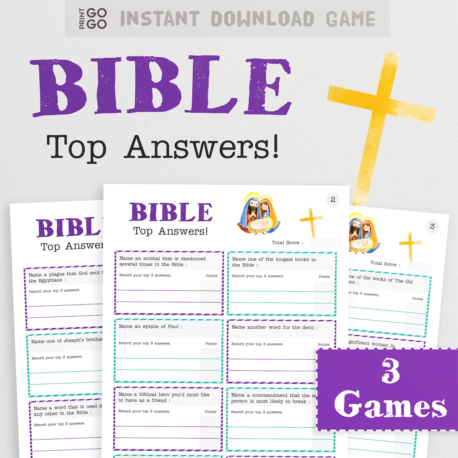 Bible Top Answers instant download game printable set, featuring three game sheets with purple and multicolor borders, a large purple 'BIBLE' title, black 'Top Answers!' text, a gold cross illustration, and a purple '3 Games' badge on a light gray background.