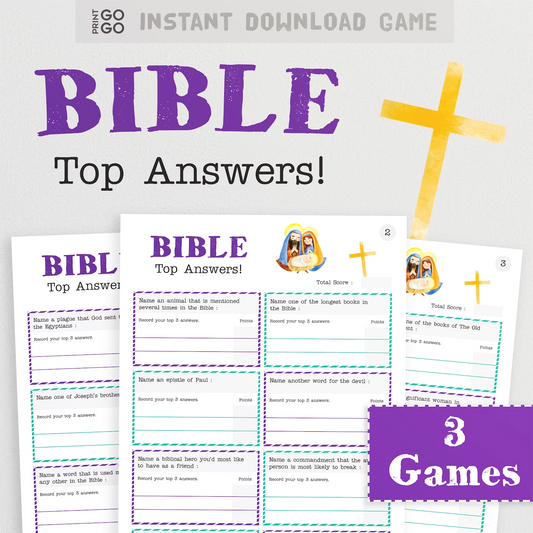 Bible Top Answers instant download game printable set, featuring three game sheets with purple and multicolor borders, a large purple 'BIBLE' title, black 'Top Answers!' text, a gold cross illustration, and a purple '3 Games' badge on a light gray background.