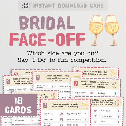 Bridal shower game card titled 'Bridal Face-Off' with champagne glasses and question cards.