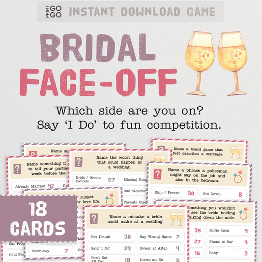 Bridal shower game card titled 'Bridal Face-Off' with champagne glasses and question cards.