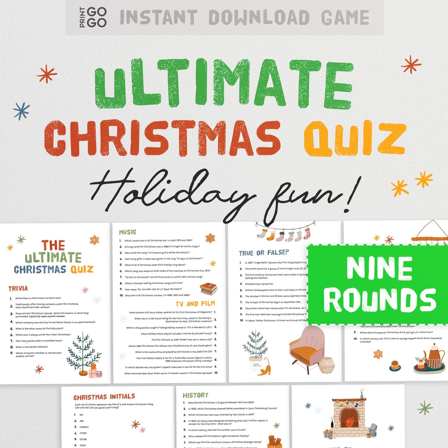 Instant download Christmas trivia quiz question sheet.