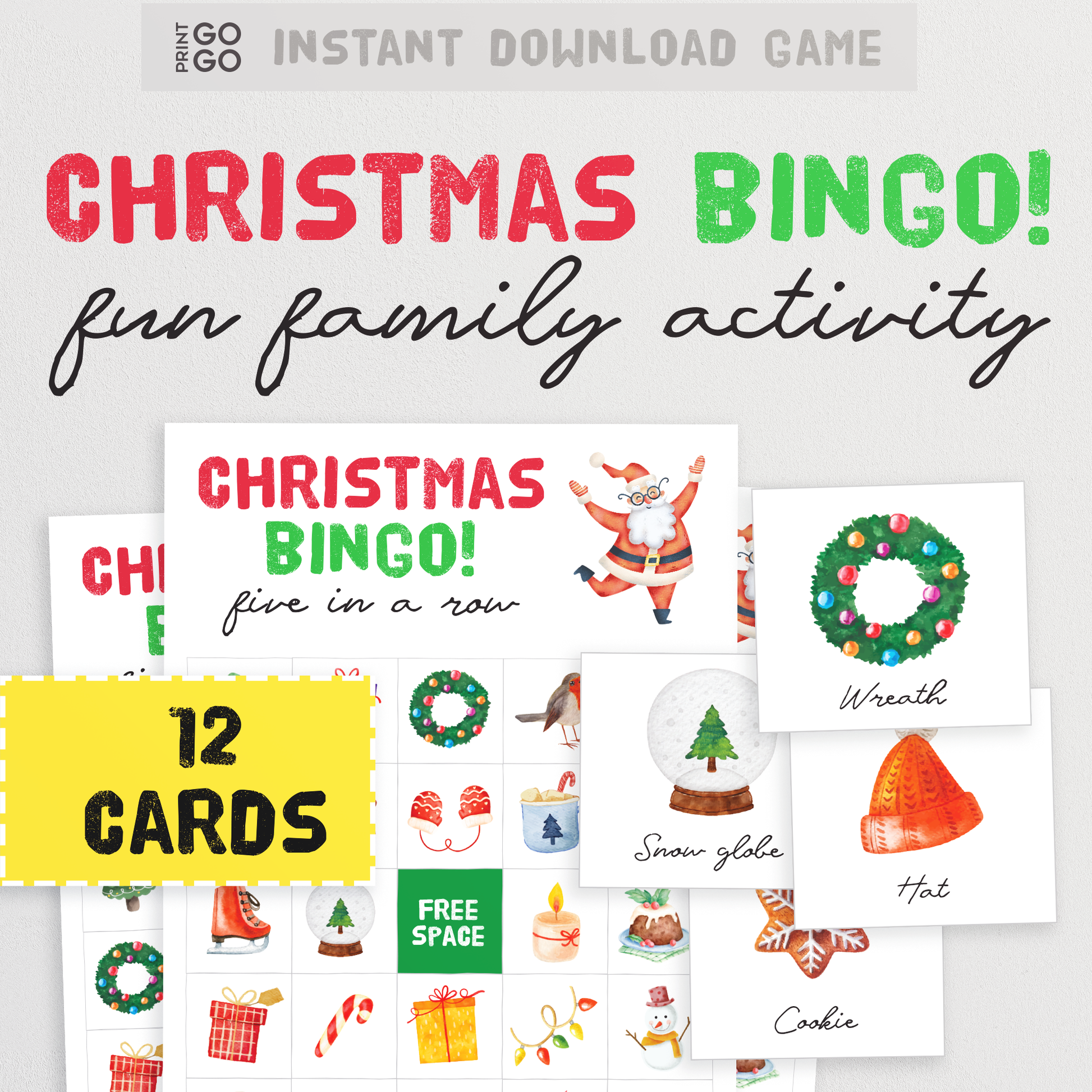 Christmas Bingo Cards - The Fun Holiday Party Game of Getting Five in a Row | Printable Family Activities | Group Xmas Party Game for Kids
