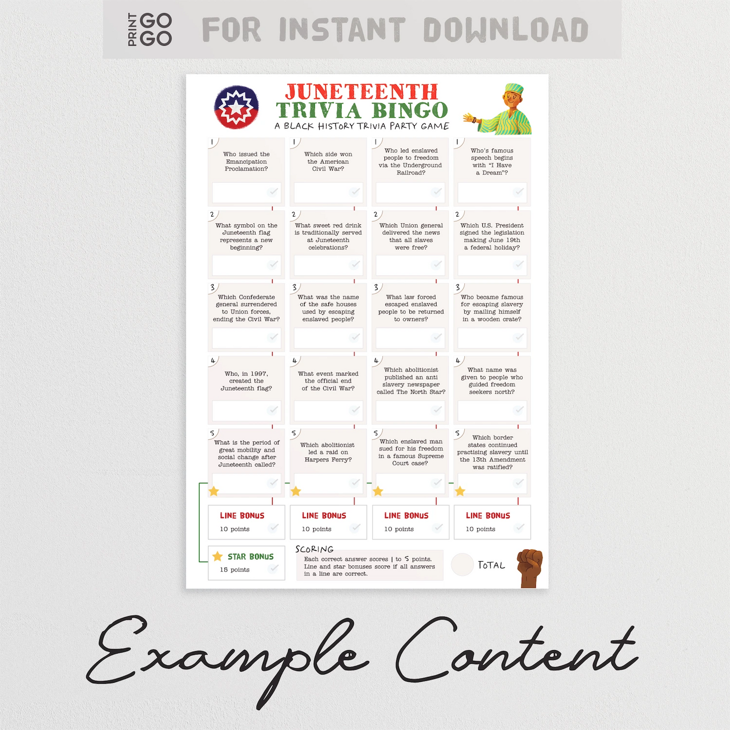 Juneteenth Trivia Bingo game sheet on a white background with text indicating instant download.