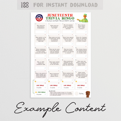 Juneteenth Trivia Bingo game sheet on a white background with text indicating instant download.