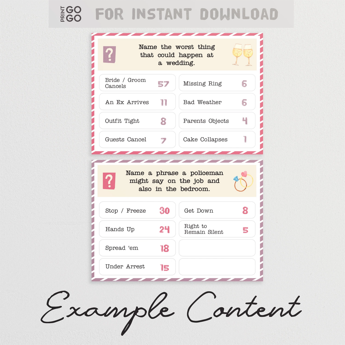 Two question cards with text and numbers on a light gray background