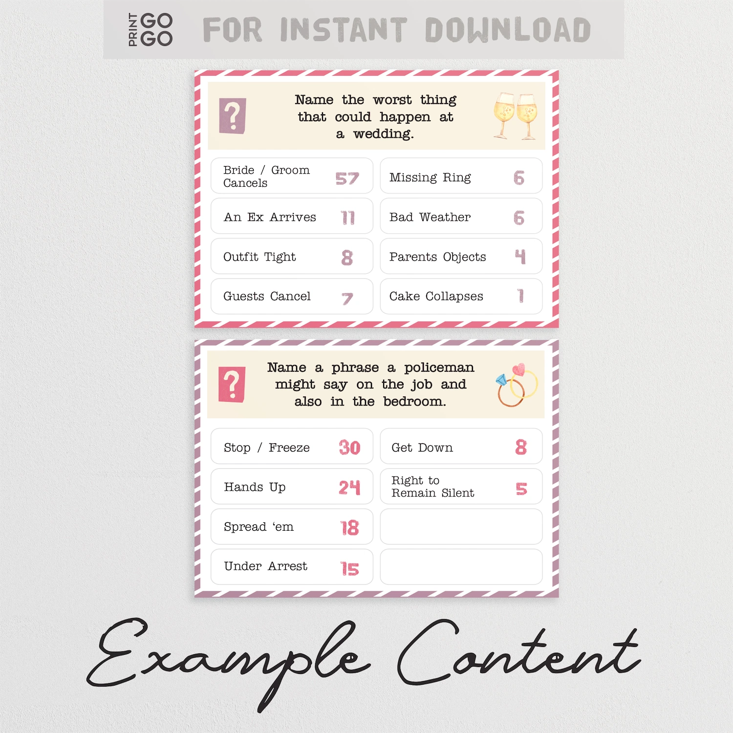 Two question cards with text and numbers on a light gray background