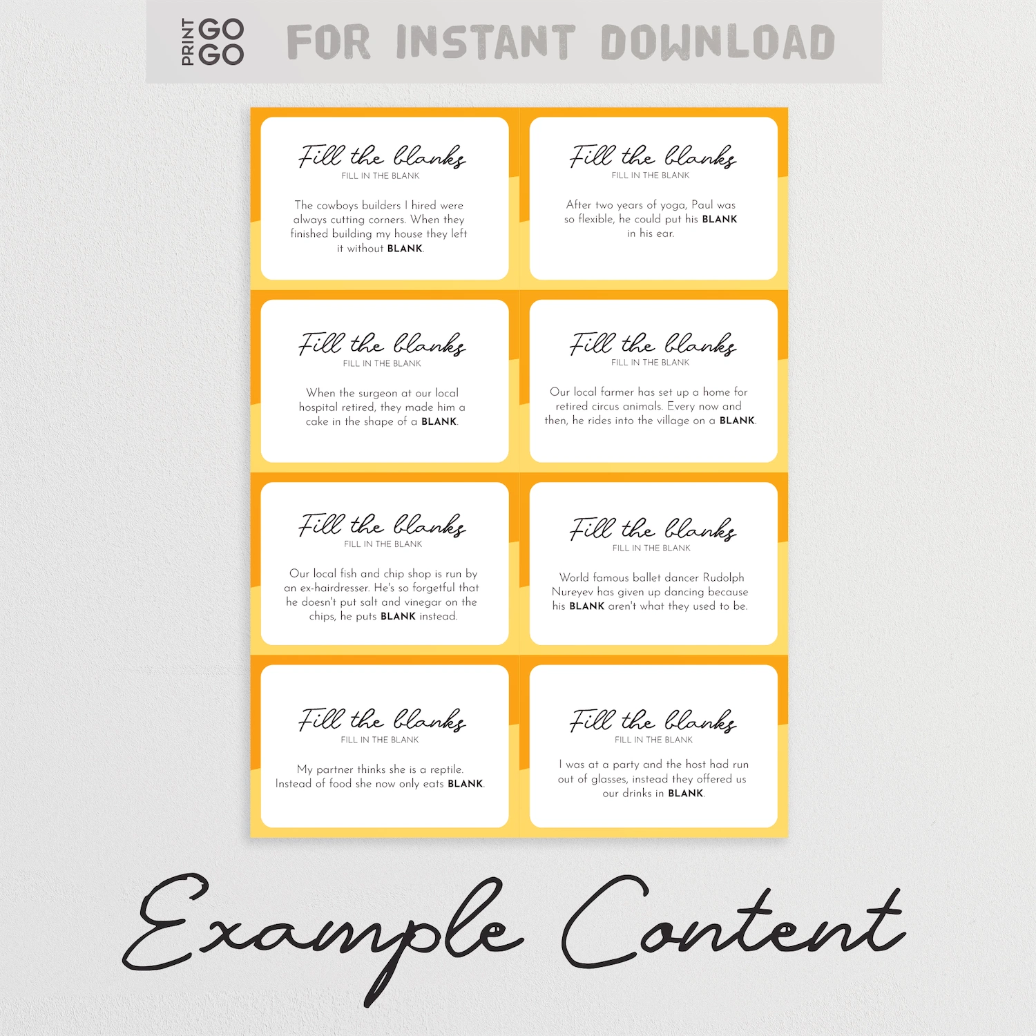 Set of fill-in-the-blank question cards with example content on a white background