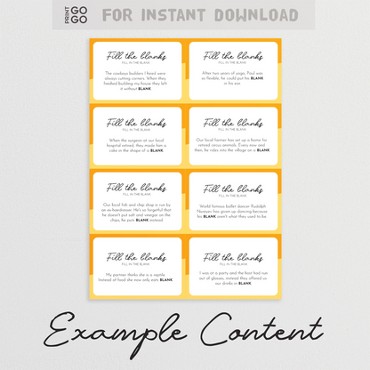 Set of fill-in-the-blank question cards with example content on a white background