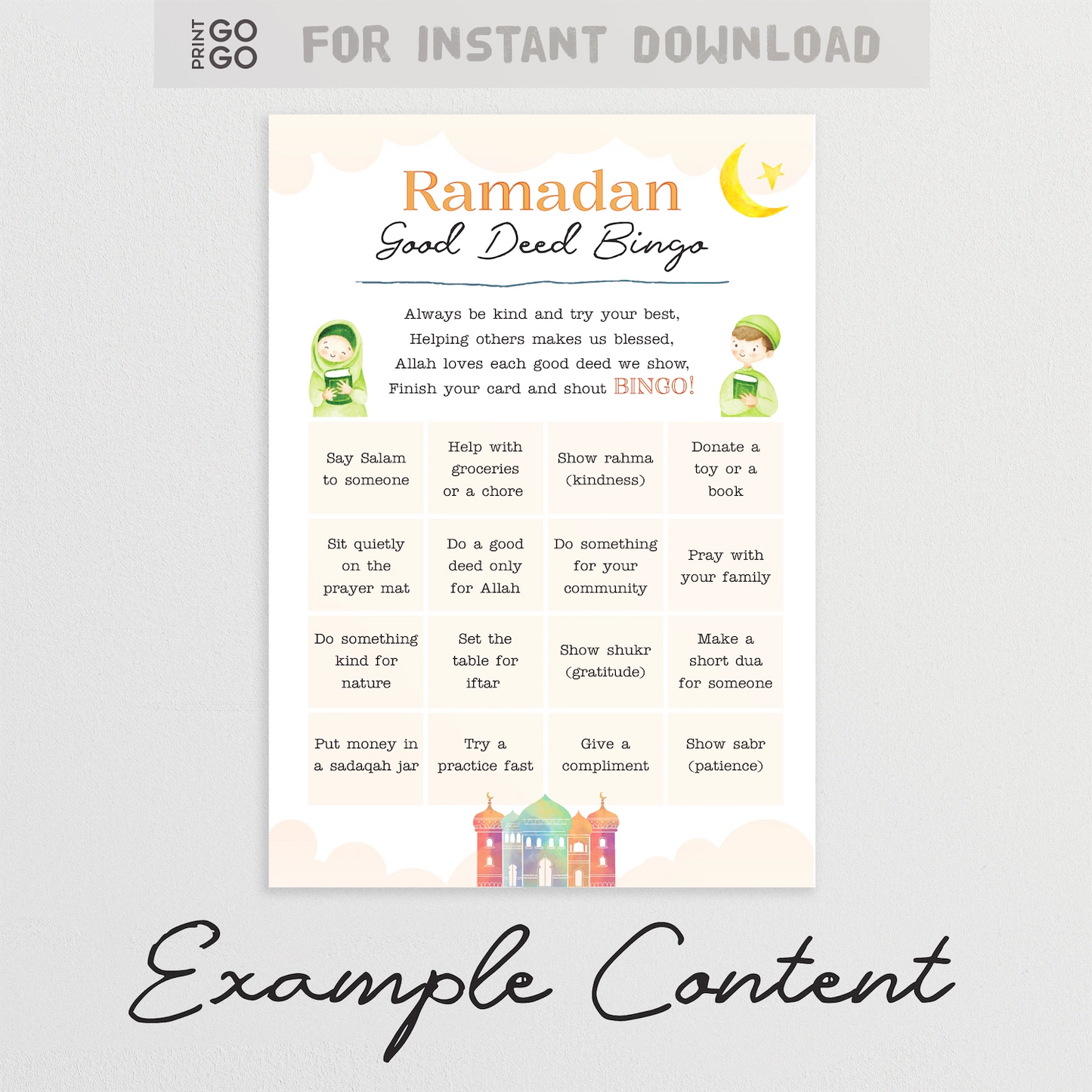Ramadan Good Deed Bingo card with illustrations and text on a light gray background