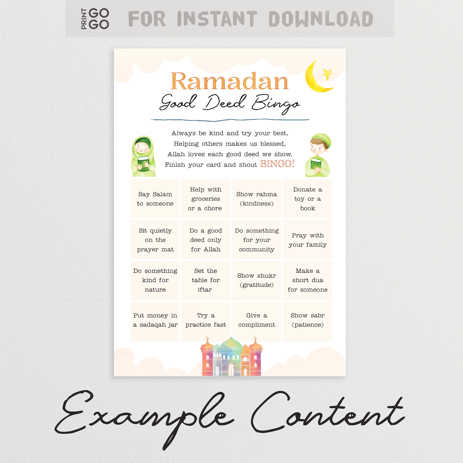 Ramadan Good Deed Bingo card with illustrations and text on a light gray background