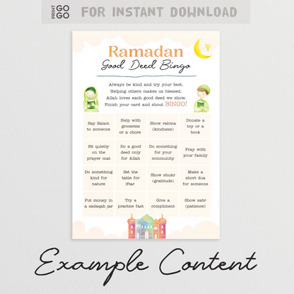 Ramadan Good Deed Bingo card with illustrations and text on a light gray background