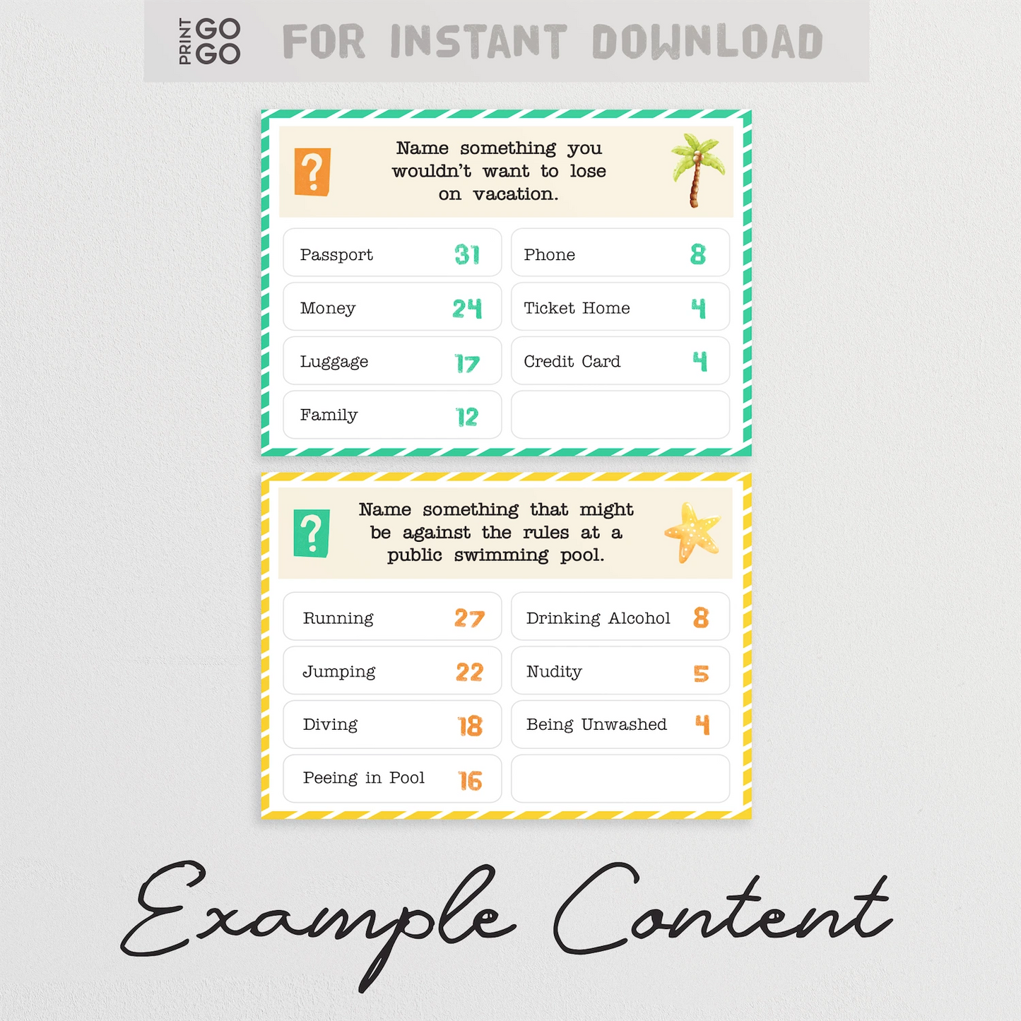 Two example question cards for the printable family game, Summer Face-Off.