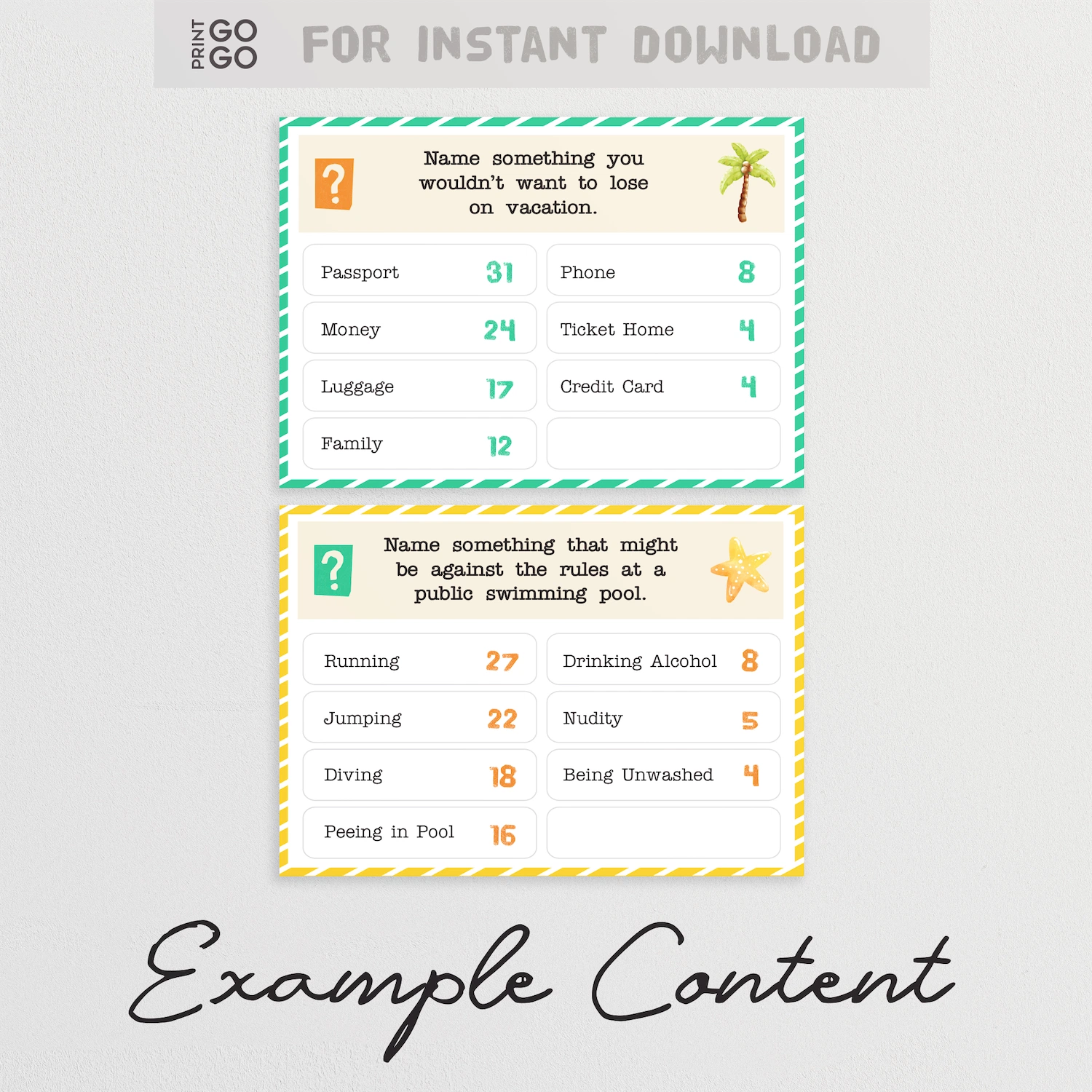 Two example question cards for the printable family game, Summer Face-Off.