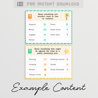 Two example question cards for the printable family game, Summer Face-Off.