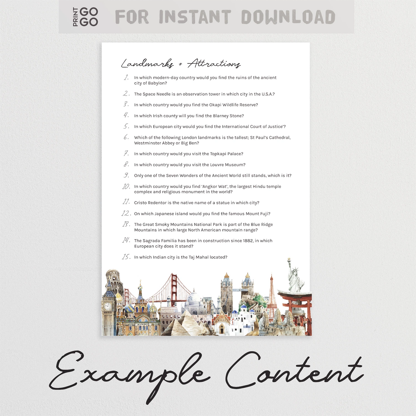Example question sheet from geography around the world trivia quiz.