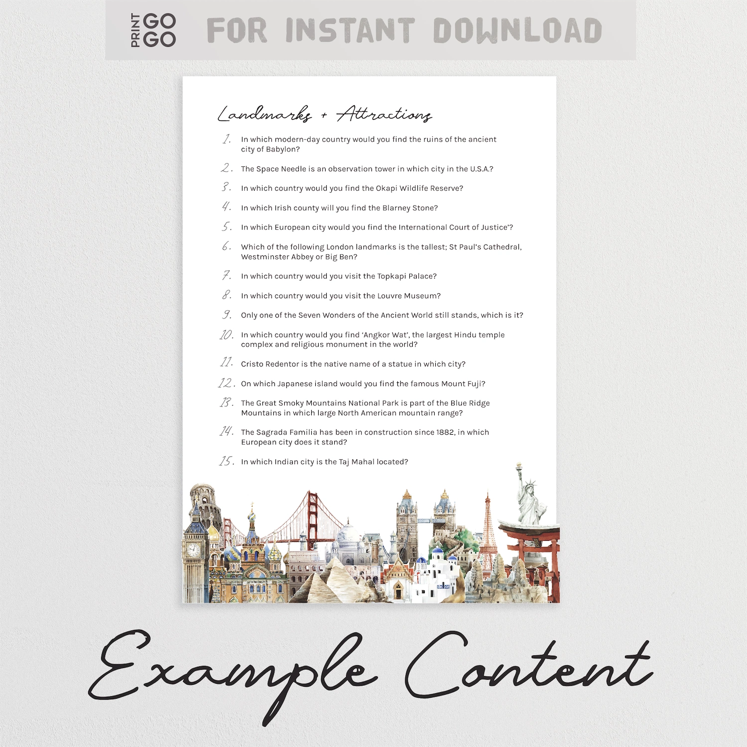 Example question sheet from geography around the world trivia quiz.