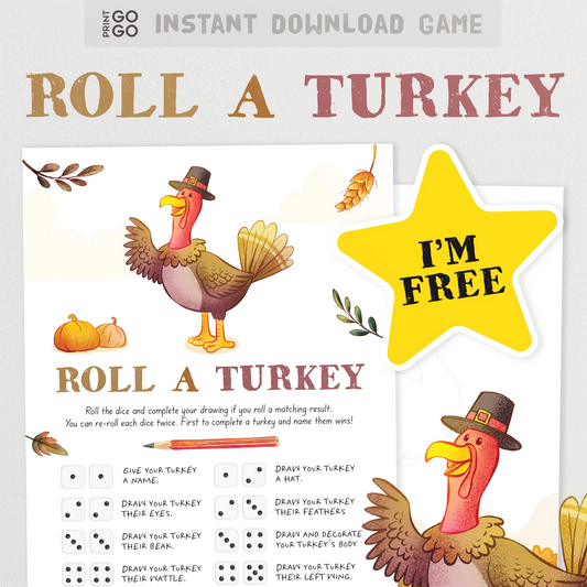 Game sheet for 'Roll a Turkey' with a turkey illustration and 'I'm Free' star.
